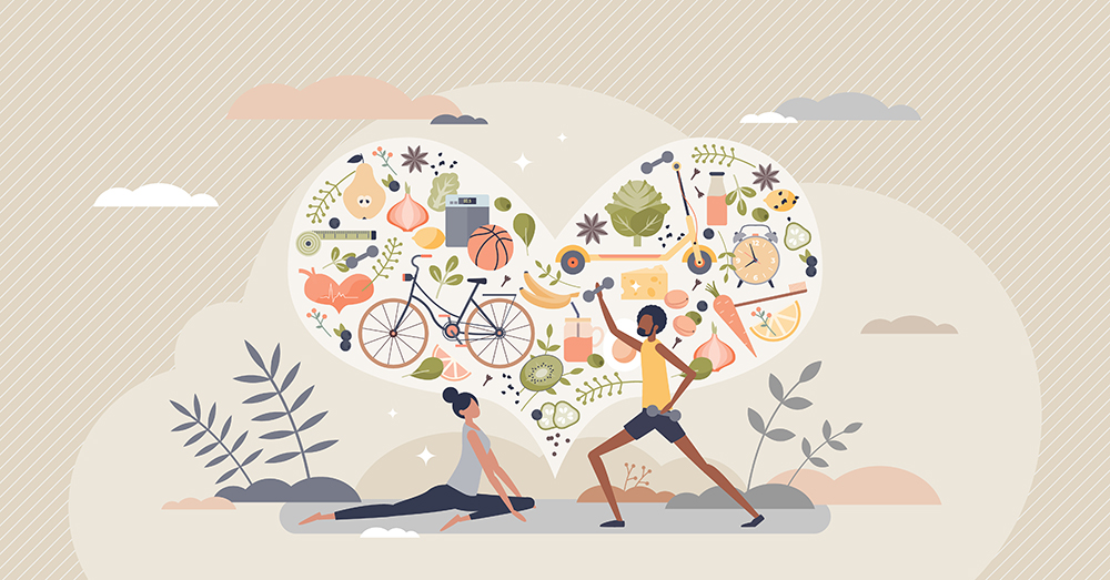 Illustration of a heart filled with images of heart-healthy foods and modes of exercise