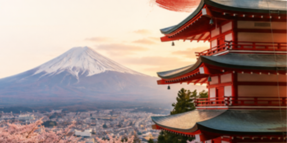 Mt. Fuji and a building in Japan