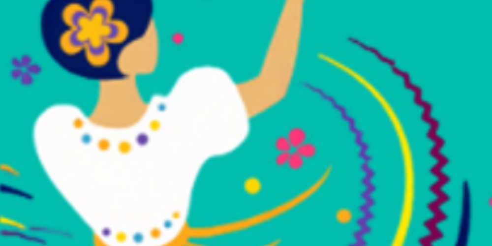 A Latina woman dancing with a colorful skirt