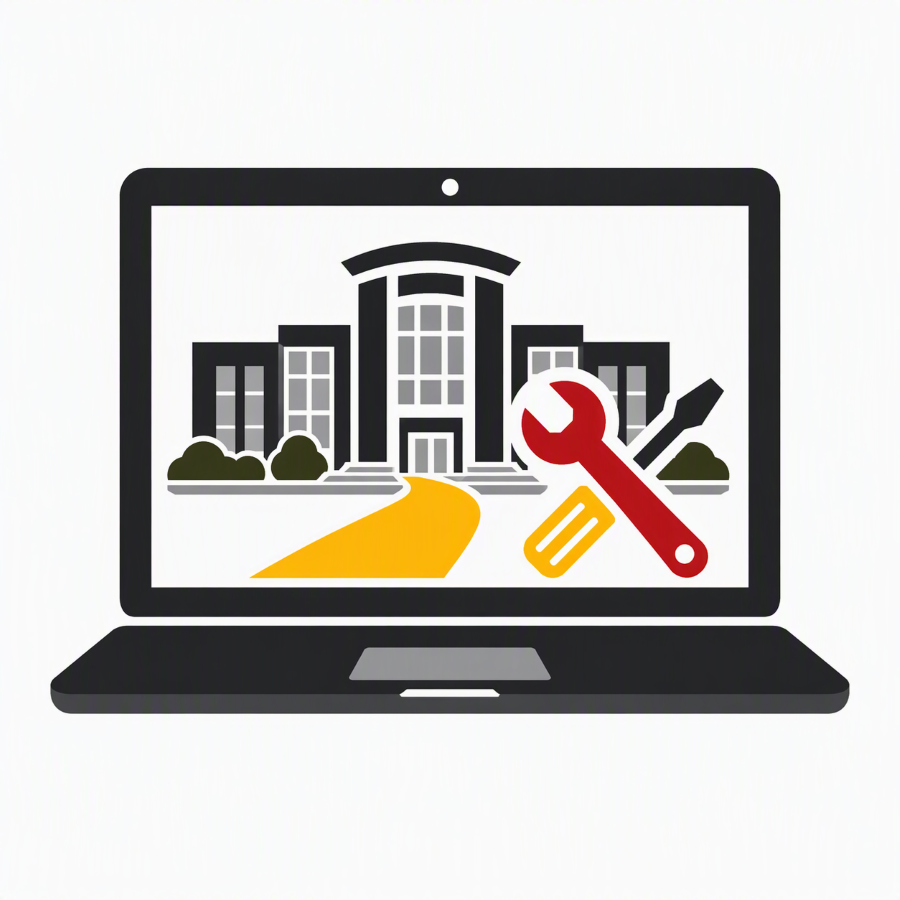 laptop with image of university building and tools on screen
