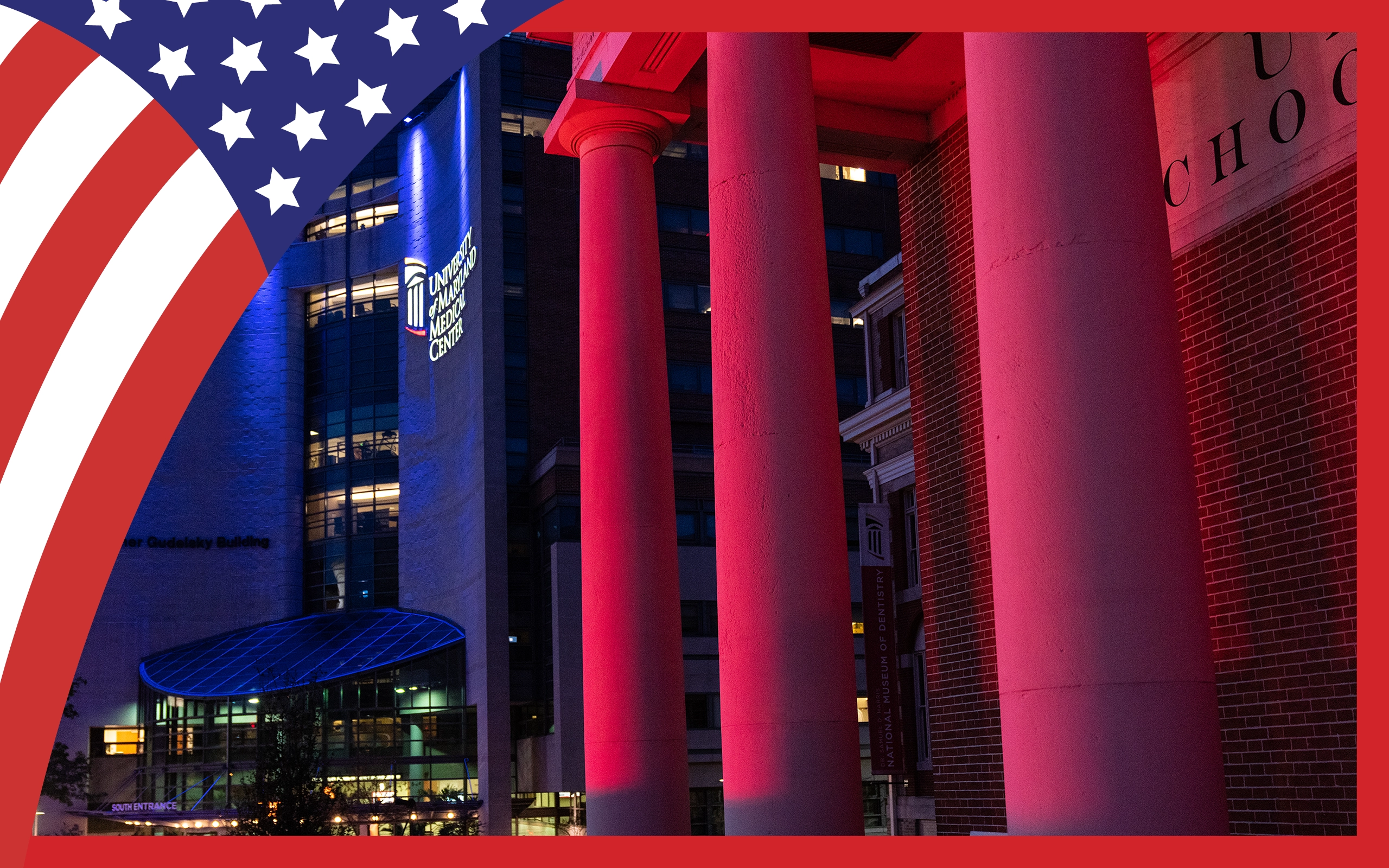Davidge Hall and the University of Maryland Medical Center lit up in red and blue lights.