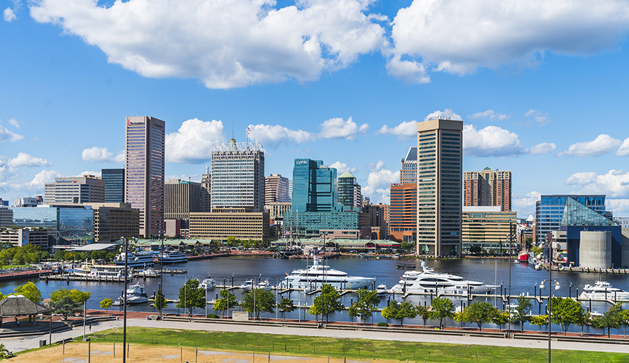 view of the inner harbor and Baltimore skyline on a bright sunny day