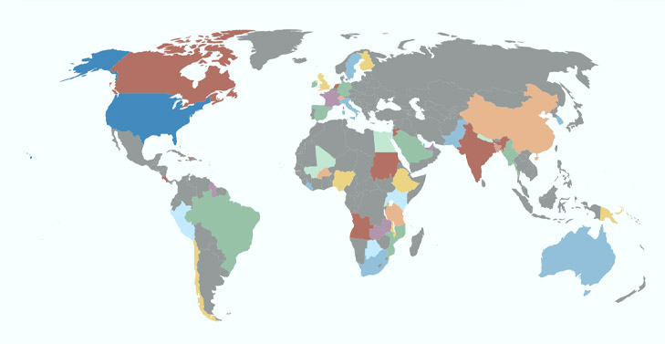static world map with various countries colored in