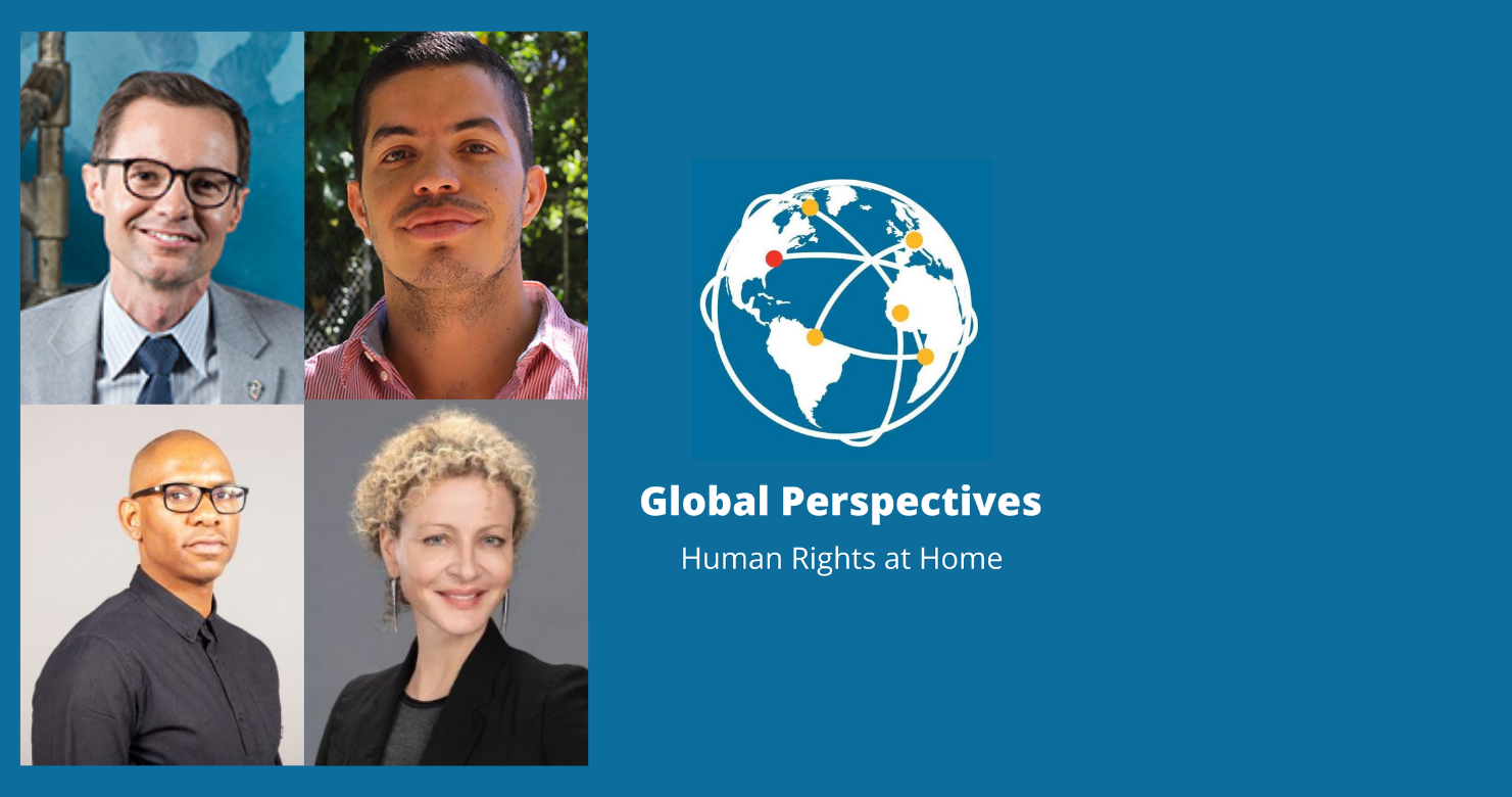 Headshots of four people and globe logo on blue background