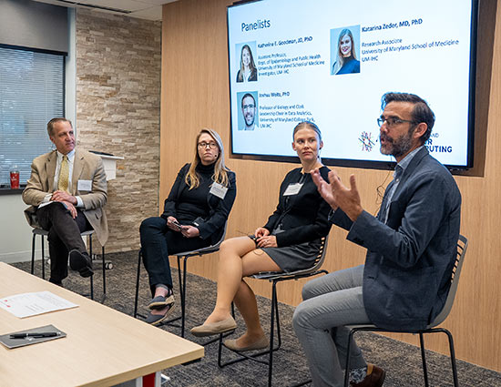 Left to right: Brad Maron, MD, Katherine Goodman, PhD, JD, Katarina Zeder, MD, PhD, and Joshua Weitz, PhD