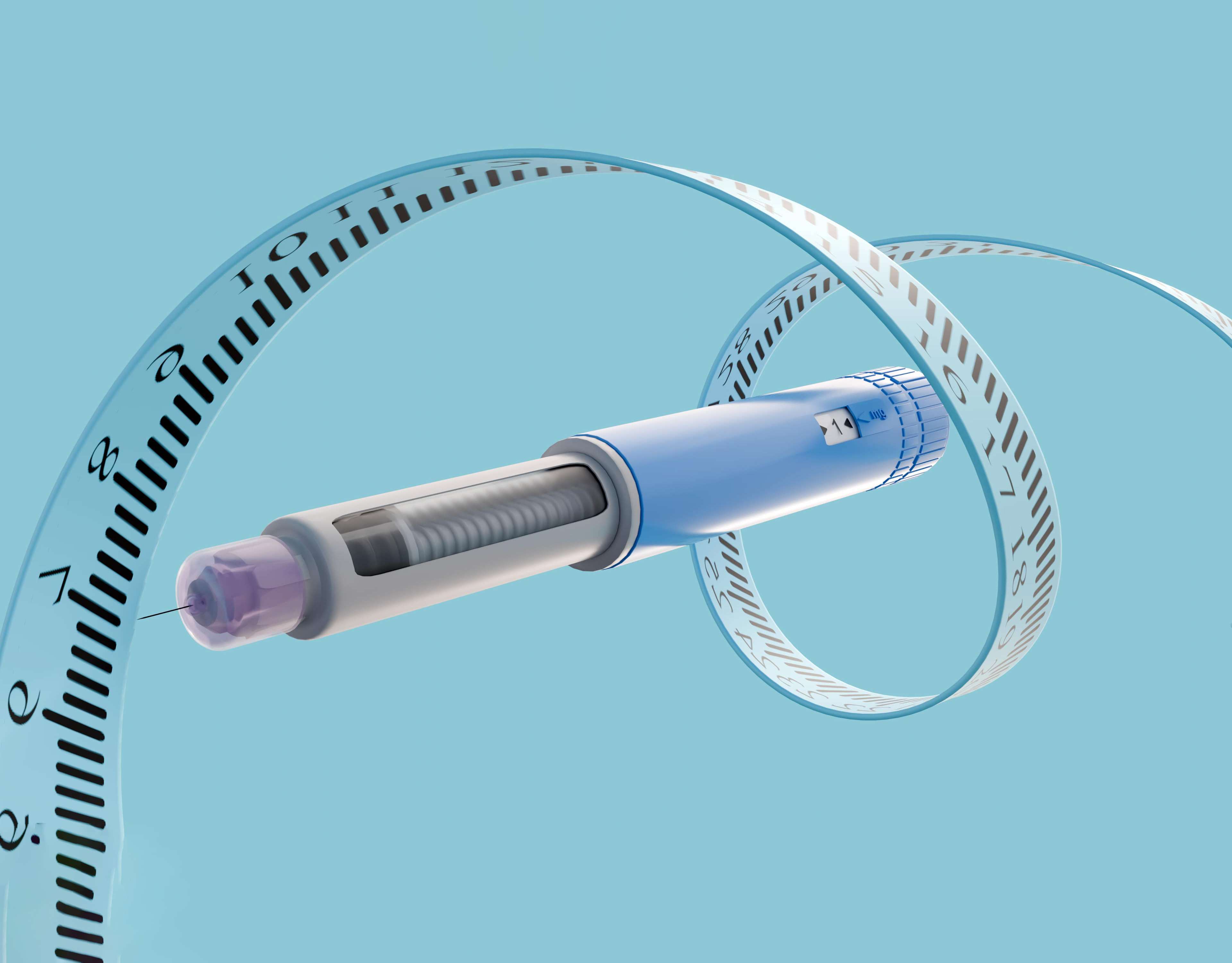 graphic shows GLP-1 applicator surrounded by measuring tape