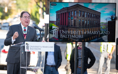 UMB president Jay A. Perman, MD welcomes community members, city leaders, elected officials, and UMB faculty, staff, and students to the groundbreaking of the new UMB Community Engagement Center.