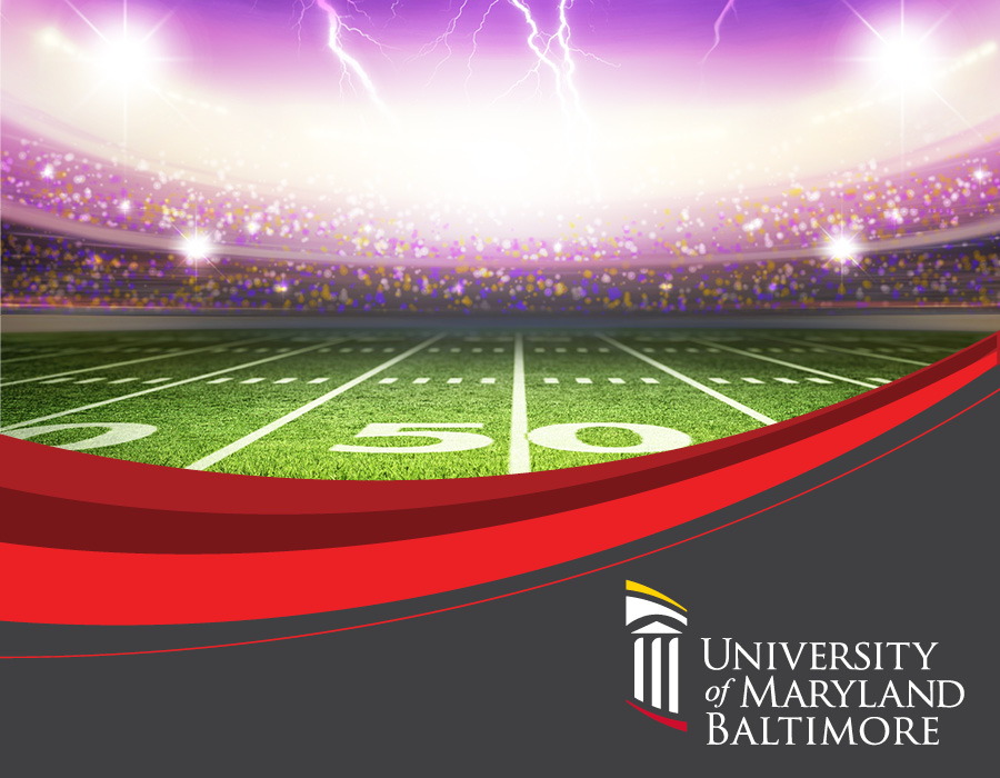 A football field under a purple sky with lightning bolts